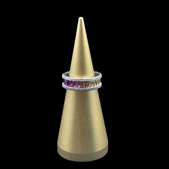 Rainbow Baguette Eternity Ring Silver Plated Size 6 Pride Y2K Bling Statement Gi - Picture 2 of 9